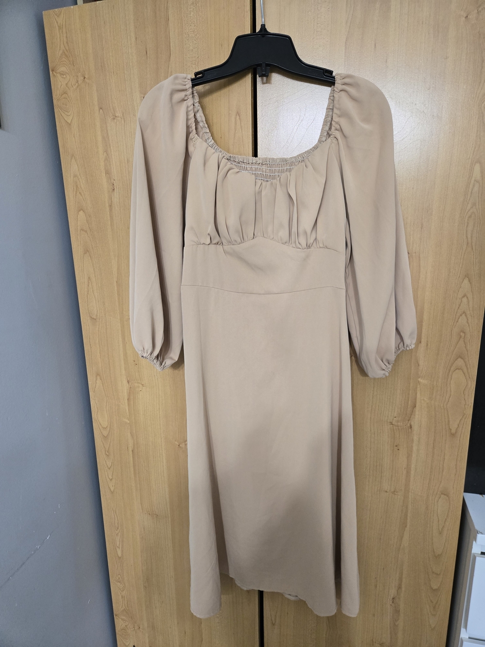 Women's Taupe Midi Dress with Square Neck and Long Sleeves - Picture 2 of 3